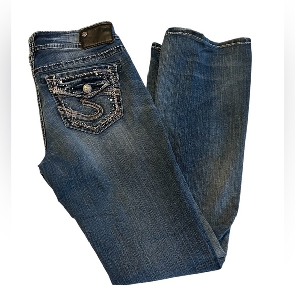 Silver Suki Surplus 17" Bootcut Jeans 29 x 31.5 Low Rise Blue Denim Thick Stitch - Picture 1 of 14